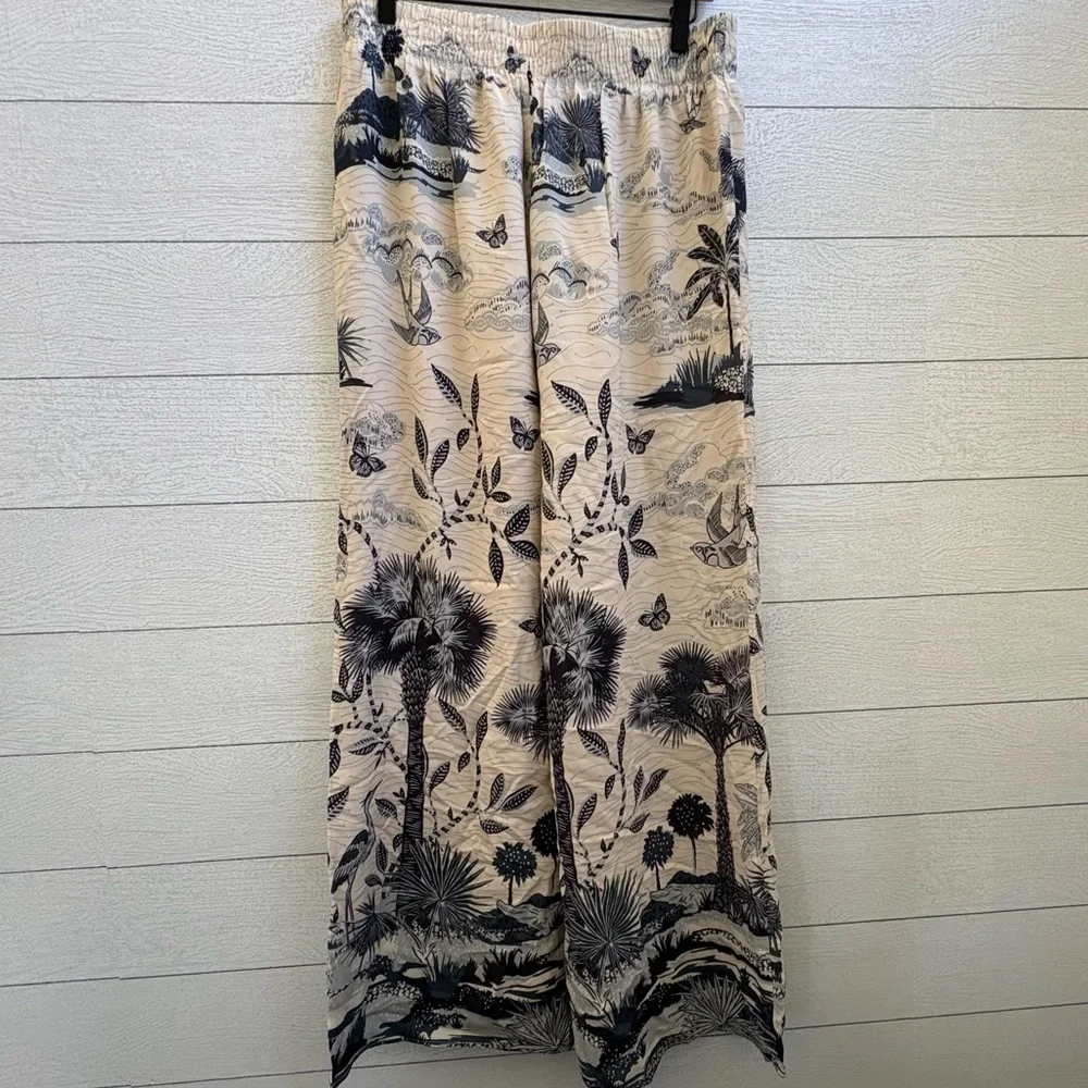 Spartina 449 Maude Palazzo Wide-Leg Pants Tropical Landscape Print Cream Navy, L - Picture 9 of 15